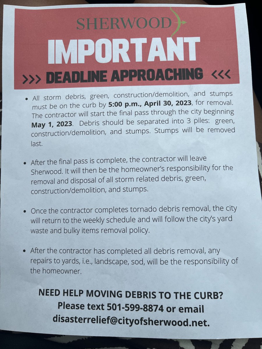 AshleyLCrockett's tweet photo. Coming up this evening: Sherwood Mayor addresses concerns of residents regarding this notice of tornado debris removal and it’s Friday deadline. #arnews #kark #fox16 https://t.co/X86jYgXqRC