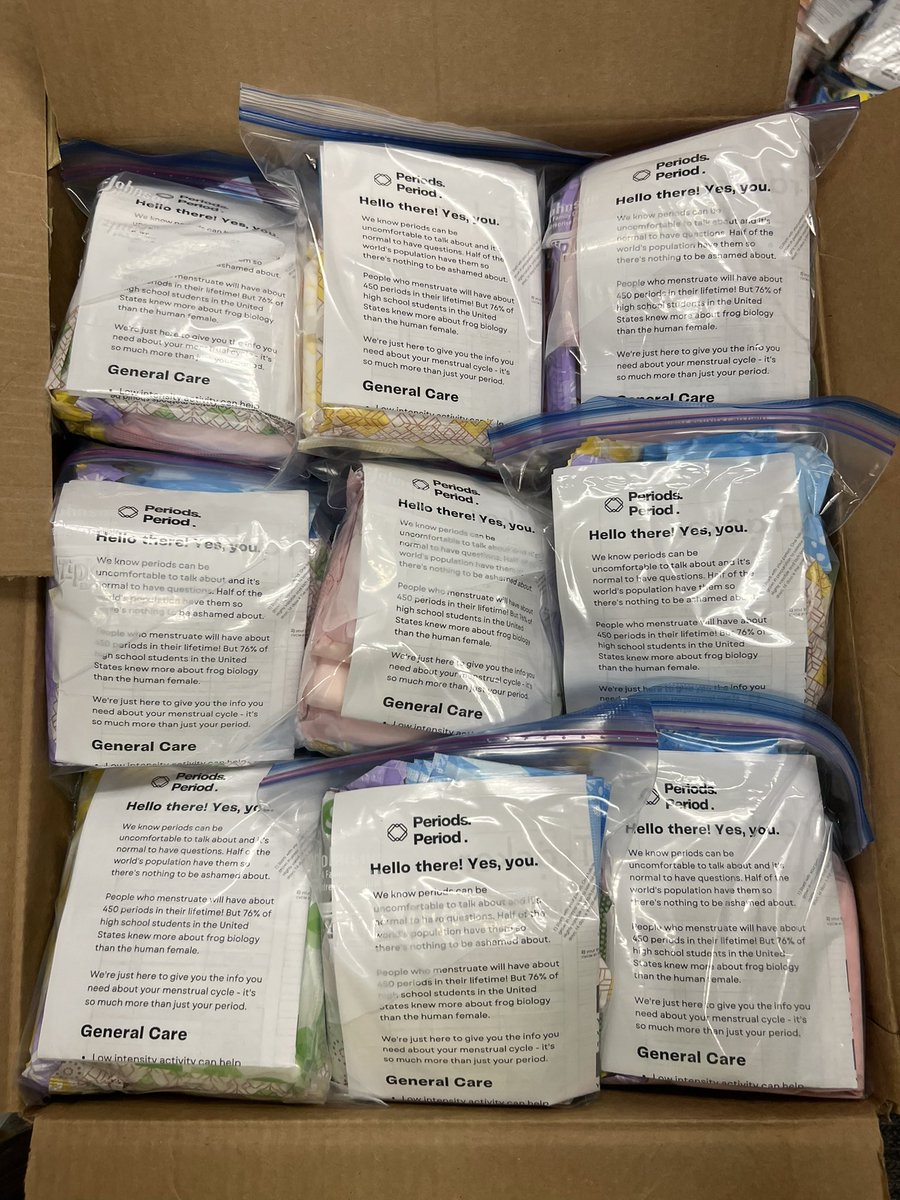 200 packs went out last week. Dropping off 400 more packs this week. Shoutout to the collab with <a href="/DrPeriodHackers/">Dr. Period Hackers</a> for making this period fact sheet to go in all of the packs this year! Resources and education 💪🏼 stop the stigma. One. Period. At. A. Time. 🩸