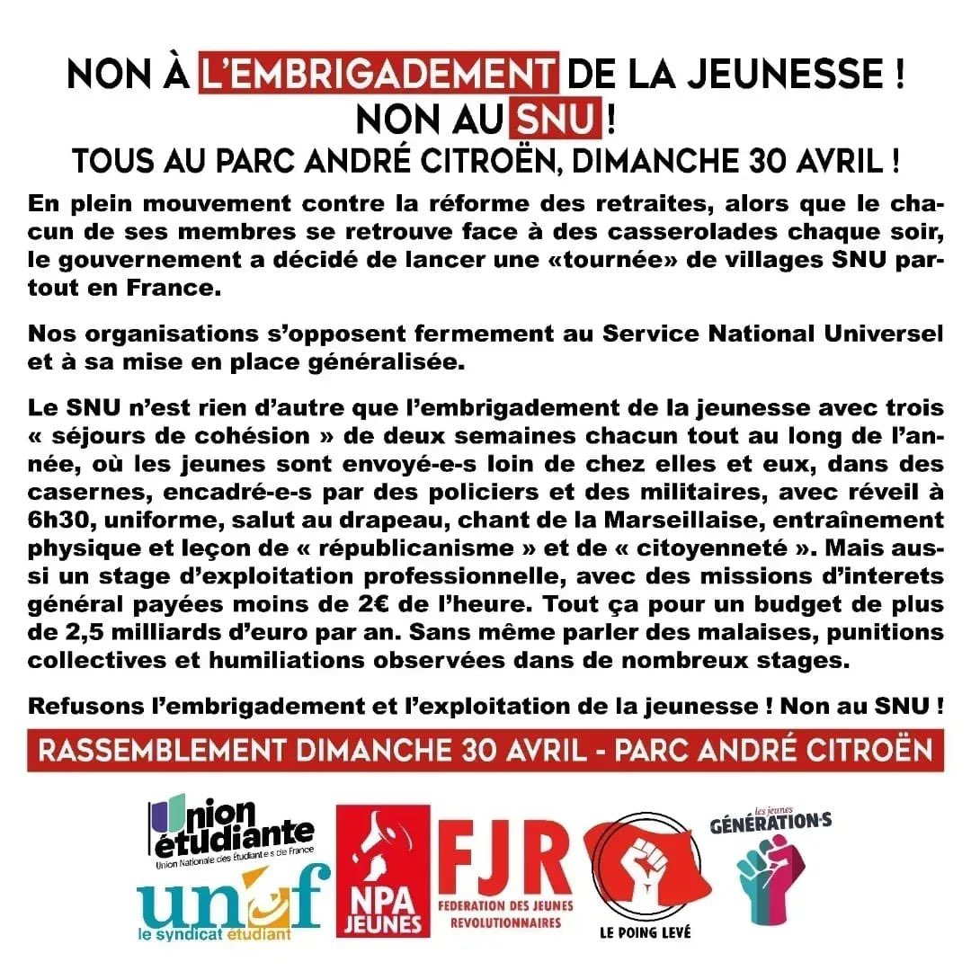 Non à l’embrigadement de la jeunesse, non au SNU !

Rassemblement dimanche 30 avril parc André Citroën
