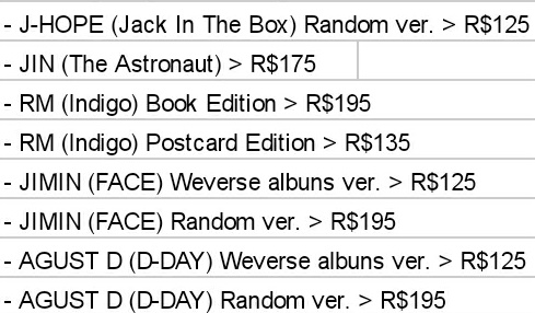 minminkstore's tweet photo. VENDA: Álbuns solos do BTS - Lacrados 
(Jack in the box, The Astronaut, Indigo, FACE, D-DAY)

Valores na imagem

Frete Internacional incluso (K-packet: direto da Coréia para o endereço do cliente)

Feedbacks no fixado
Compra e dúvidas via dm

j-hope | Jin | RM | Jimin | Agust-D https://t.co/ukuIYyKMr5