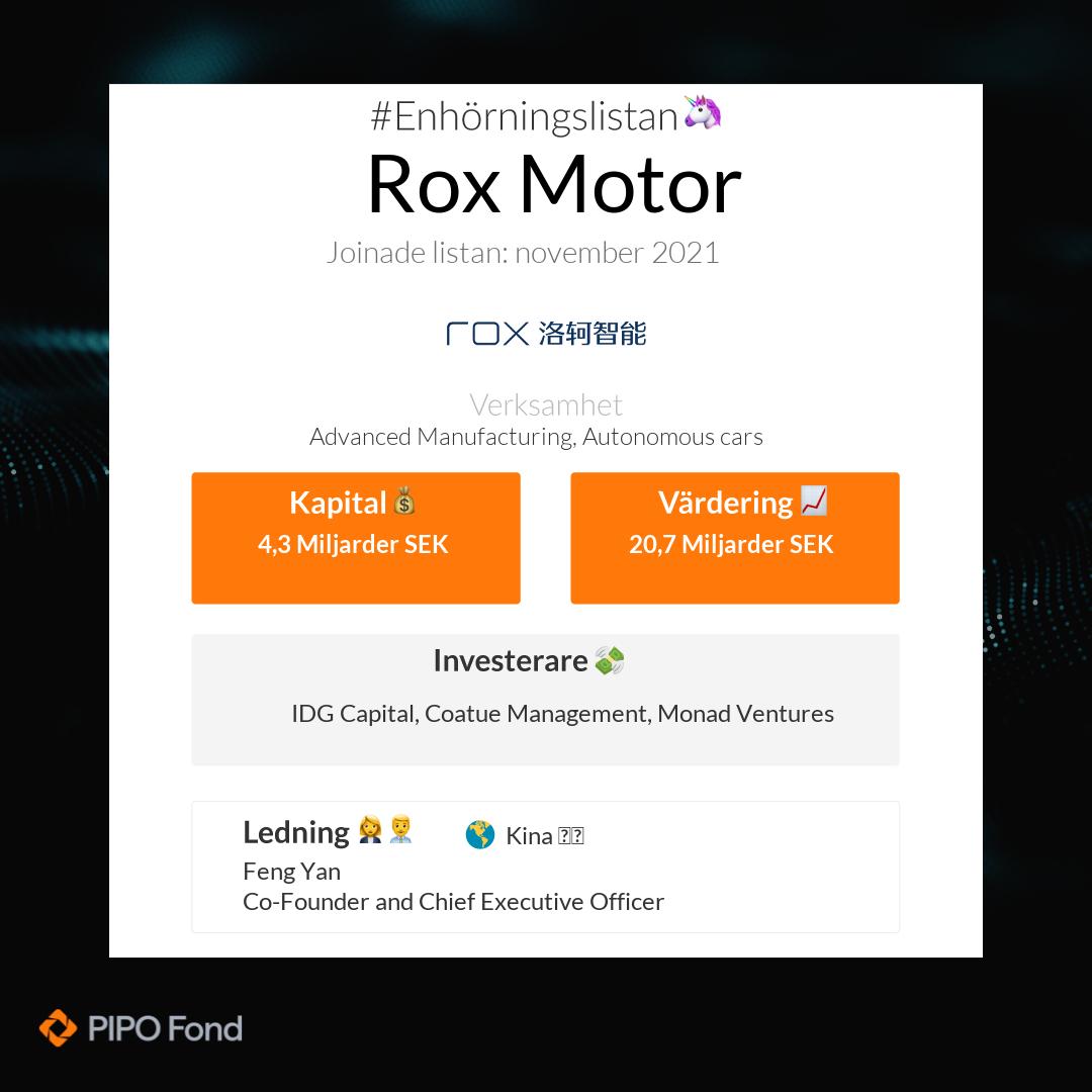 Rox Motor kommer från Kina 🇨🇳. De värderades till 20,7 Miljarder SEK i senaste rundan och har totalt rest 4,3 Miljarder SEK. #Enhörningslistan🦄