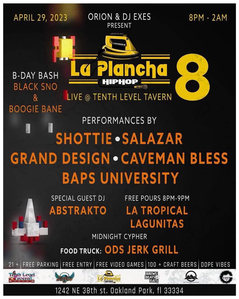 This Weekend its all about 💥💥La Plancha 8💥💥 April 29th 2023 @laplanchahiphop Live at @tenthleveltavern 1242 Ne 38th st Oakland Park Fl. Free Beer pours 8-9pm Courtesy of @latropicalbeer and @lagunitasbeer No Cover Special guest Dj Set @m… instagr.am/p/Crgi1DzuOyI/