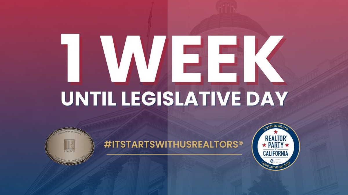 There is just 1 week left before #CARLegDay! 🎉 

We can't wait to see you and thousands of REALTORS® from across California in Sacramento to advocate for #HomeownershipForAll.

See you on May 3!

#ItStartsWithUsREALTORS®