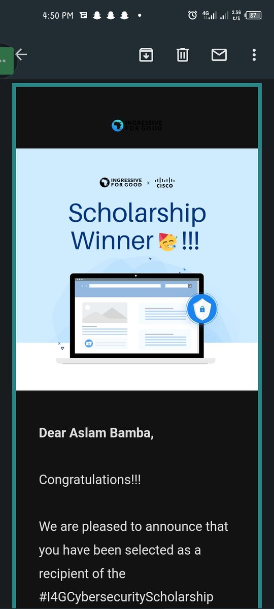 tee_sec's tweet photo. Alhamdulillah...!!!
I just won the #I4GCybersecurityScholarship. I'll be embarking on a journey to learn social Cybersecurity and how to build a career in it with @ingressive4Good and @Cisco.
Wish me well...!!!
May Allah ease the journey for us.
#TheFutureisPromising🥰😊 https://t.co/vmdZXnwxue