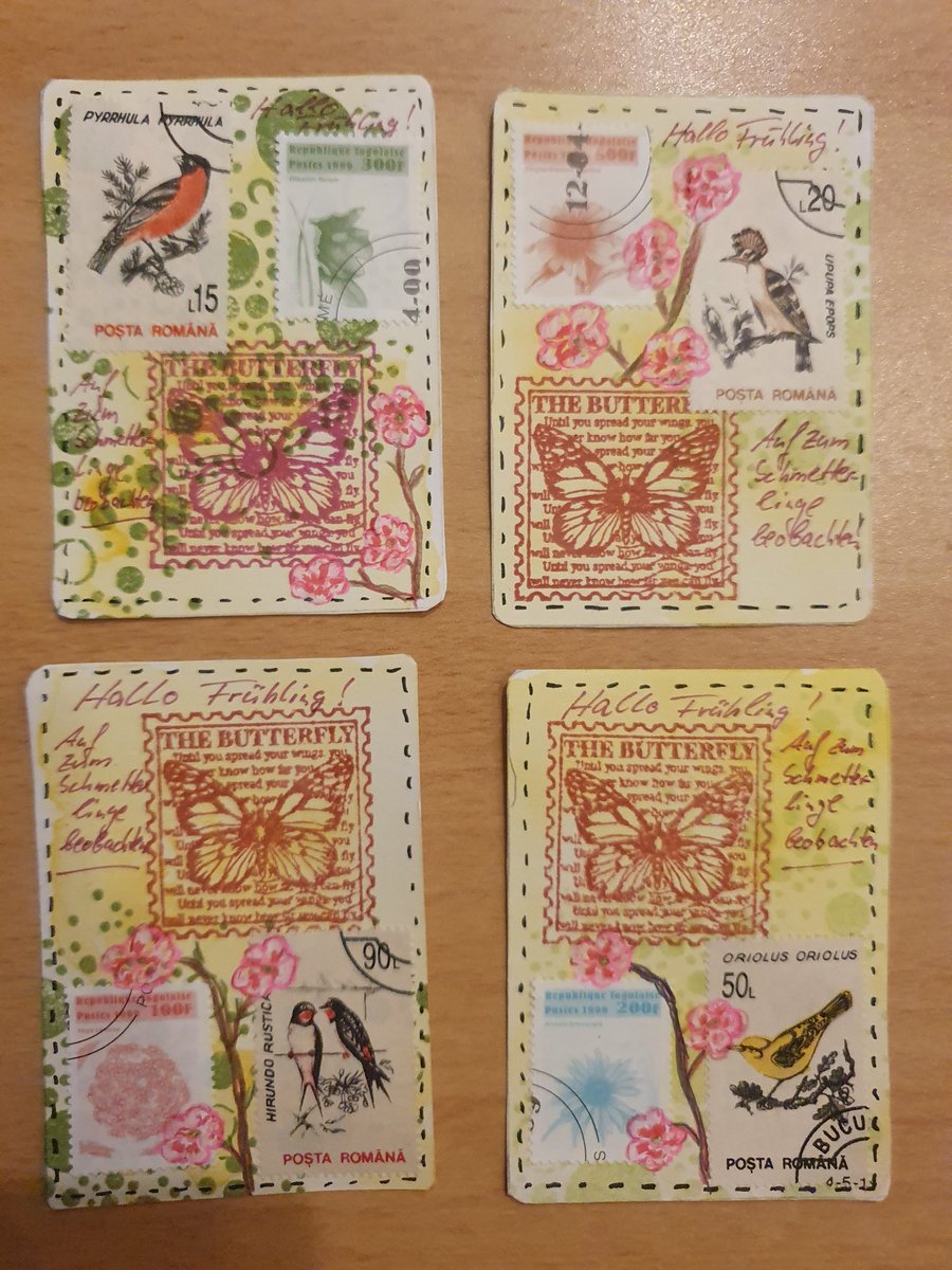Für den #kleinerKunsttausch habe ich auch noch ATC zum Thema Frühling. Reicht es noch, wenn ich die morgen früh absende?😬 Samstag wären sie dann bei euch. 
<a href="/kunsttausch/">kleiner Kunsttausch</a>