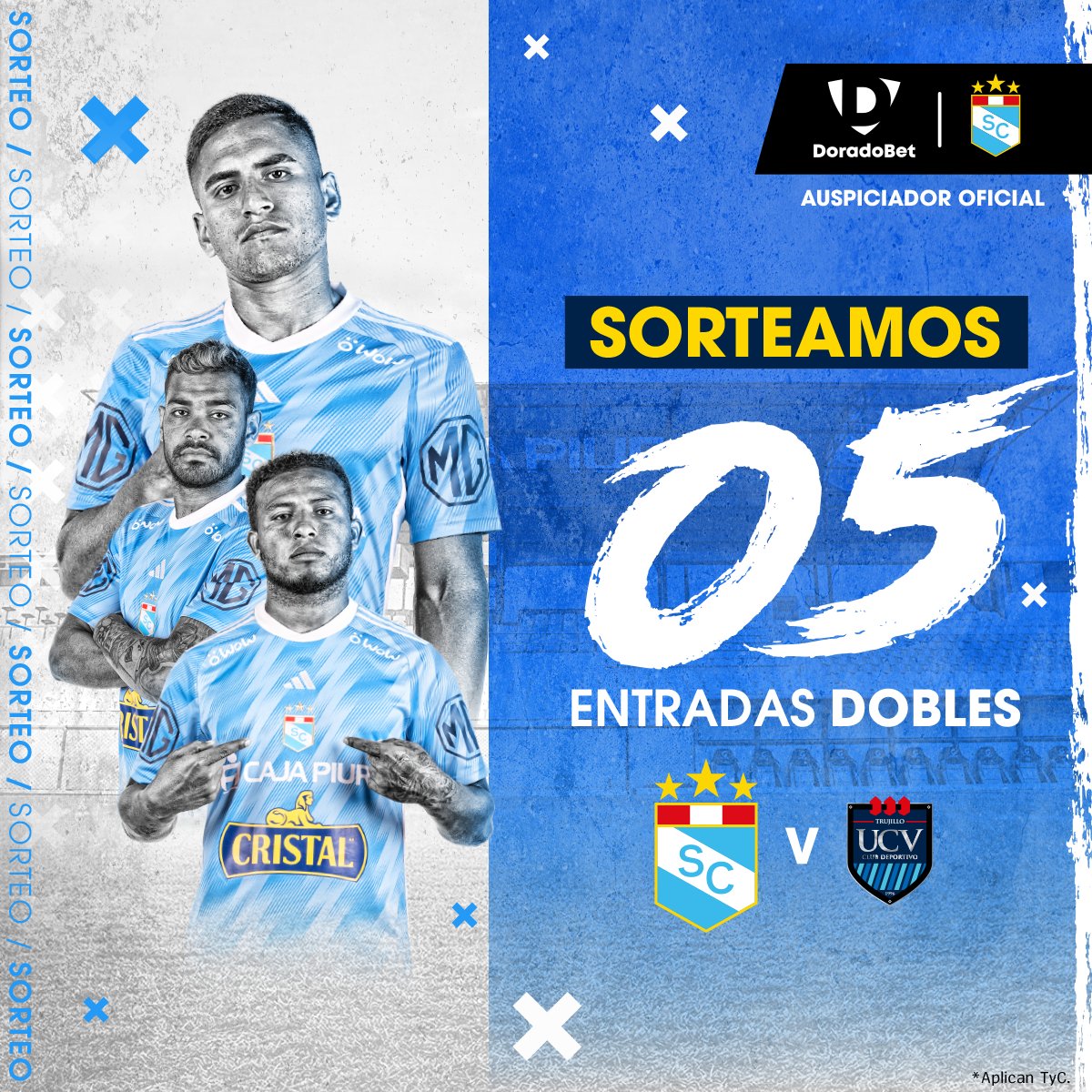 ¡𝗦𝗢𝗥𝗧𝗘𝗔𝗠𝗢𝗦 𝟱 𝗘𝗡𝗧𝗥𝗔𝗗𝗔𝗦 𝗗𝗢𝗕𝗟𝗘𝗦!💙🏟

1. Síguenos
2. Haz RT y etiqueta a la persona que te acompañaría.

🔒Cierre del sorteo: jueves 27/04 - 12 pm.

*Aplican TyC

#DoradoBet #FuerzaCristal