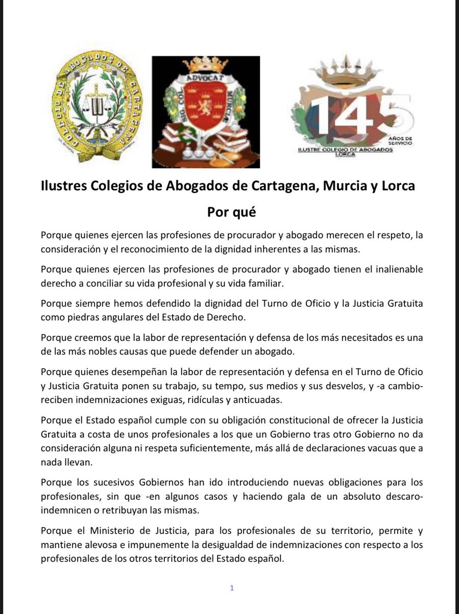 ICAMURoficial's tweet photo. 🪧 Manifiesto conjunto de los tres Colegios de la Región de Murcia en favor de la dignidad y respeto de la profesión de Abogado y del Turno de Oficio.
¡Mañana estaremos en Madrid!
#DignidadTurnodeoficio https://t.co/GZpMGKdUBO