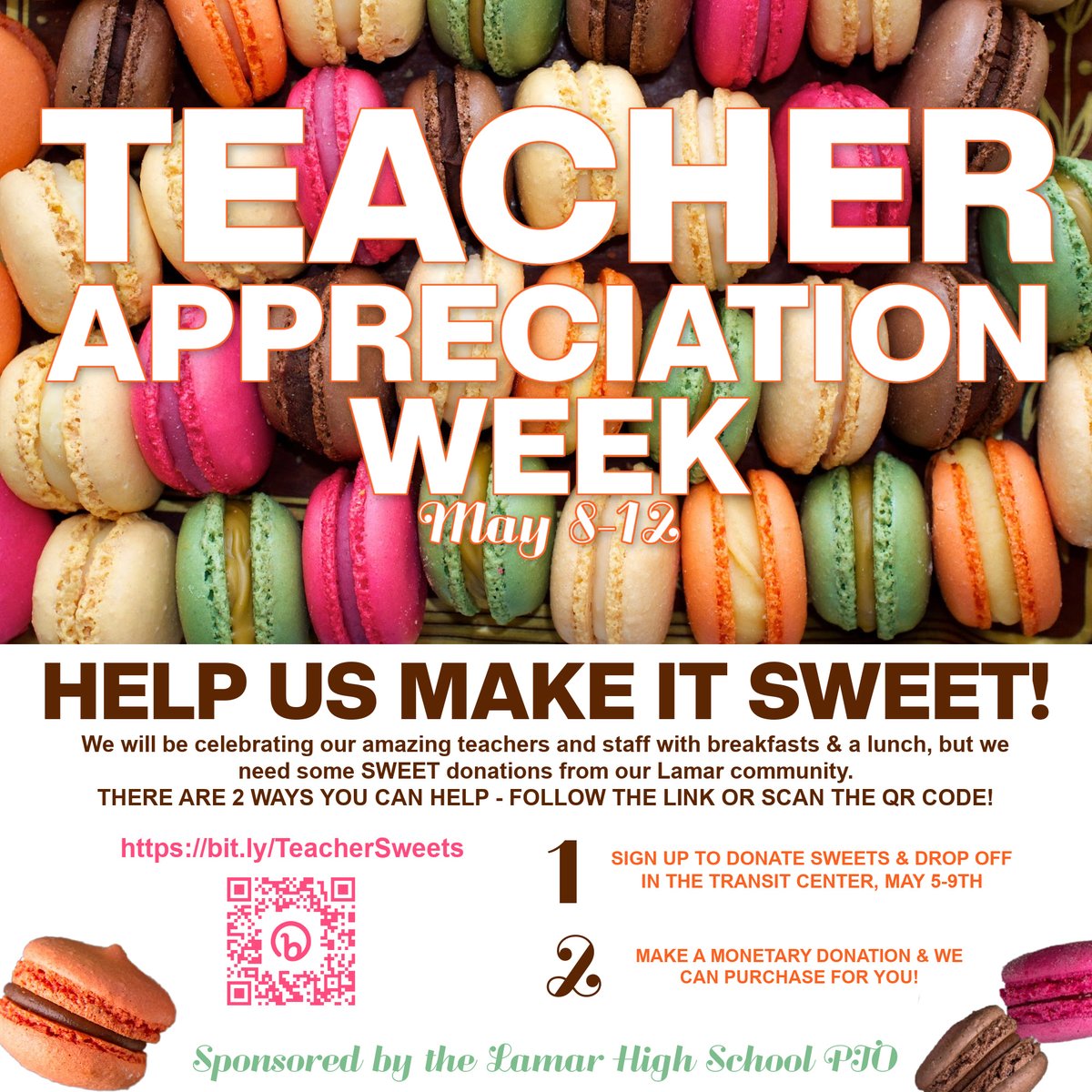 It's that time of year - TEACHER APPRECIATION WEEK, May 8th-12th! 📷 We've got breakfast &amp; lunches covered, but need some sweet donations from our Texan community!  Let's make it a sweet week -&gt; bit.ly/TeacherSweets