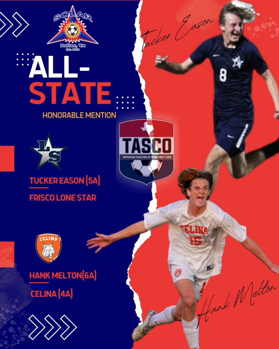 solar17ecnl's tweet photo. Big congrats to Tucker Eason and Hank Melton, who were both selected as TASCO All-State Honorable Mention. Well done, boys! 

@LSRNBoysSoccer 
@CBobcatSoccer 
@LethalSoccer 
@tascosoccer 
@SolarSoccerClub https://t.co/cg8voo2KhG