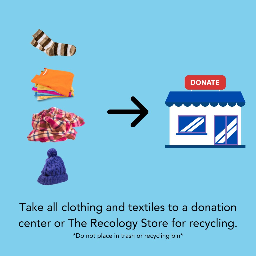 RecologyKC's tweet photo. Unwanted clothing &amp; other textiles should never go into the trash. Please take all clothing &amp; textiles, ripped or stained (but clean), to our Recology Stores, or another donation center to be recycled! 👕 #WDIGW #ClothingAndTextiles https://t.co/9Zexfwai69