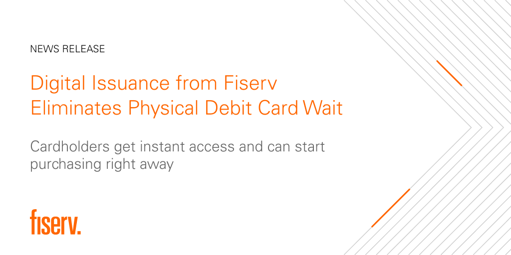 Fiserv's tweet photo. Financial institutions can eliminate the wait for physical debit cards with Digital Issuance from Fiserv, providing cardholders with a new or replacement debit card electronically. https://t.co/8W2eFArSkg https://t.co/qYnVJzV2RX