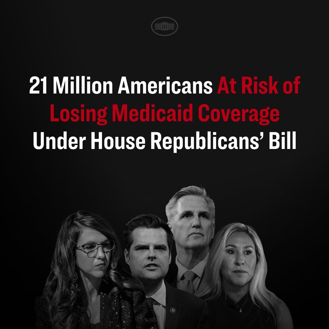 WhiteHouse46's tweet photo. House Republicans would rather see people on Medicaid lose health care than have billionaire tax cheats pay what they actually owe. https://t.co/cW1ZPiiblV