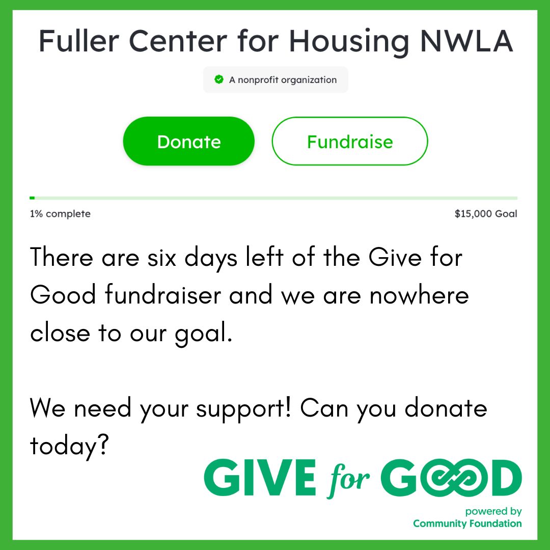 There are only six days left to give. We really need your support. 

Our future and the future of deserving homeowners depends on support from people like YOU. 

Visit giveforgoodnla.org/organization/F… to make your tax-deductible donation!