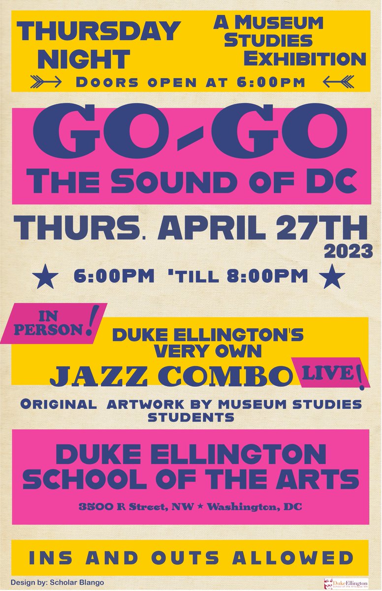 #EllingtonArts Museum Studies Department Presents:
Go-Go: The Sound of DC, Thursday, April 27 @ 6:00 PM.  This will be an exhibition you don't want to miss. Click here to RSVP: ellingtonschool.org/box-office