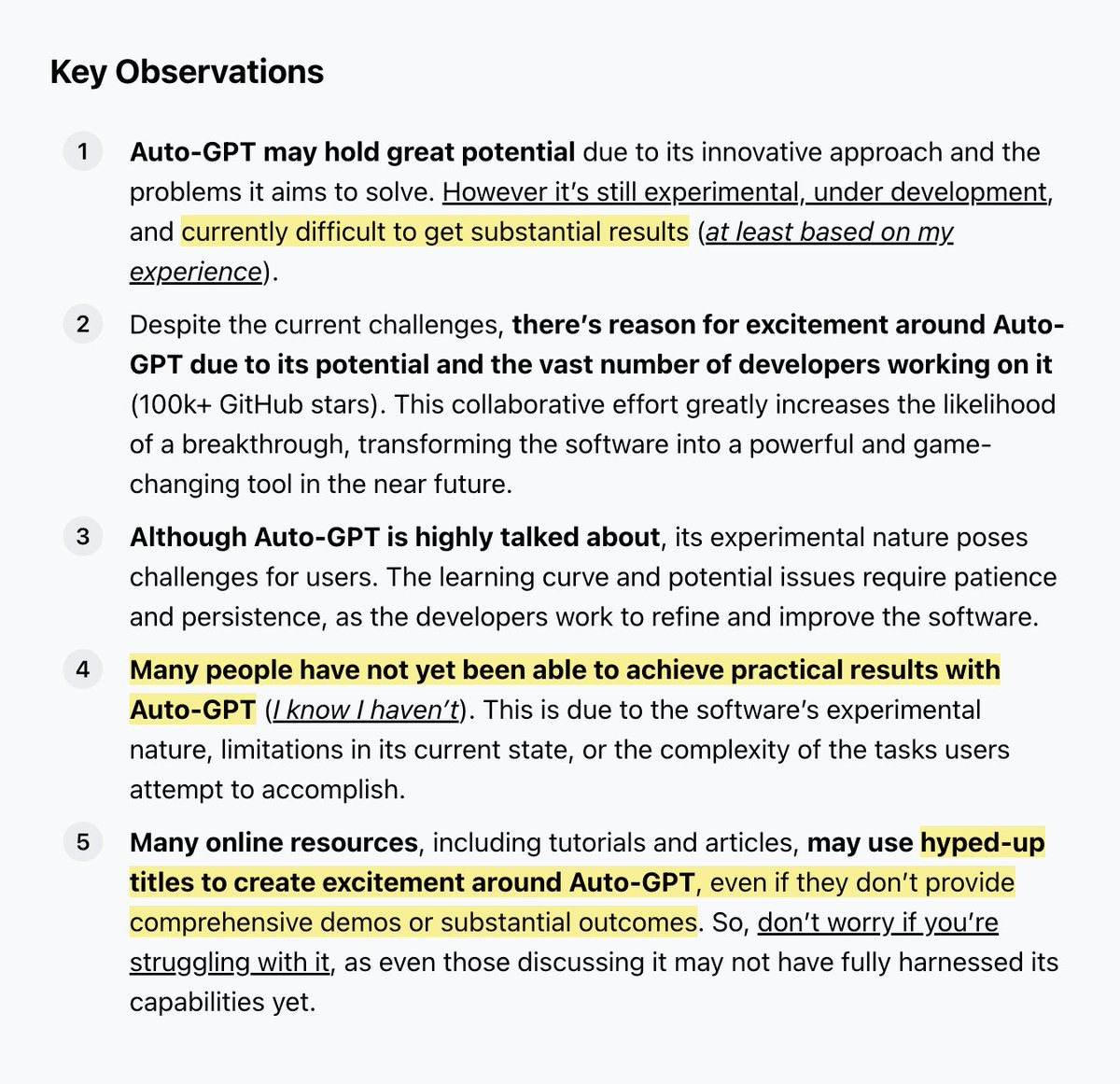 carlvellotti's tweet image. The GPT hype these days: AutoGPT.

But unlike ChatGPT, there are lots of claims of what it can do, but no solid examples.

After struggling with it for a few hours, I found this to be the most insighful summary.
↳It&apos;s promising, but you&apos;re not missing out on anything... yet.