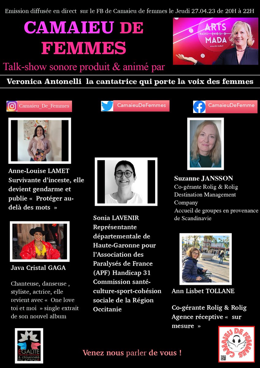 EnchanteeTouche's tweet photo. @annelouiselamet  @sonialavenir @apfhandicap @apfhandicapPic @apfhandicap3265 #AuPiedDuMur #suzannejannson #annlisbetTollane #roligandrolig @JAVACRISTAL émission du jeudi 27 avril 2023 en direct @RadioArtsMada de 20h à 22h @Occitanie @bleuoccitanie #associationparalysesfrance https://t.co/Wbz9f8mcPw