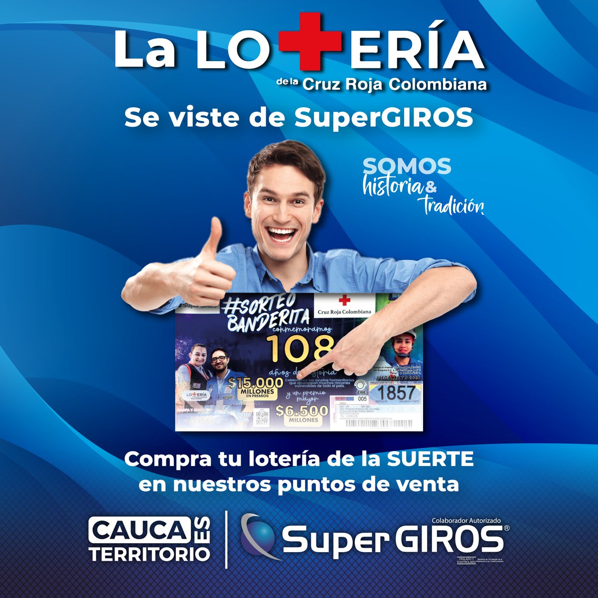 SuperGIROSCauca's tweet photo. 🍀 Lotería Cruz Roja 🔴

Compra tu lotería física o virtual con el numero que desees en todos nuestros puntos SuperGIROS 💙

👉 Recuerda que podrás ganar el premio mayor o también su amplio plan de premios adicionales.

#TodoXNuestraGente #CaucaTerritorioSuperGIROS https://t.co/TYYd0h5U5K