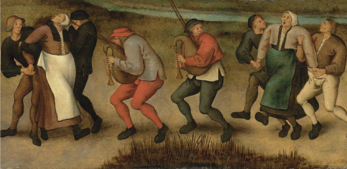 "Social Contagion”, was named by Herbert Blumer in his 1939 paper on mass sociogenic illness, where he compared it to "dancing mania".
Dancing Mania occurred in Europe (14-17th C) with groups of 1000s dancing for weeks, often with injury &amp; fatality.
Pic: Breughel the Younger