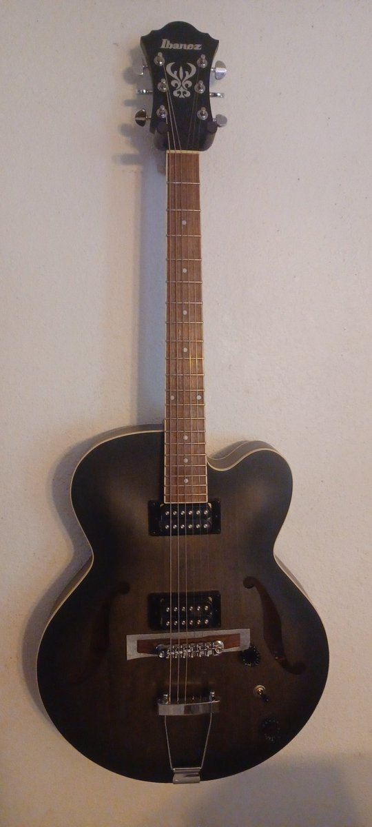 tporter64's tweet photo. Wife got me some guitars recently. An Ibanez Artcore hollow body and an Ernie Ball Mariposa. They are really fun to play, and look kinda neat. What more do you want? 😀 https://t.co/EznSAy6KWY