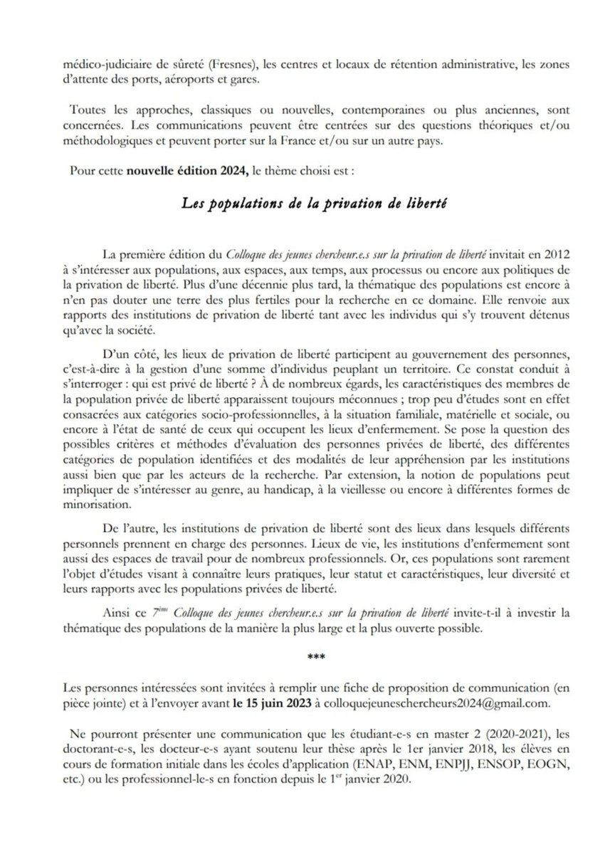aSimonPenal's tweet photo. 🔬Avis aux jeunes chercheuses et jeunes chercheurs ! Le prochain colloque sur la privation de liberté aura lieu en mars 2024 à Paris sur le thème "les populations de la privation de liberté" - Envoyez-nous vos propositions de contributions 🤓 @SorbonneParis1 @Univ_Artois https://t.co/bbDtS82cHR