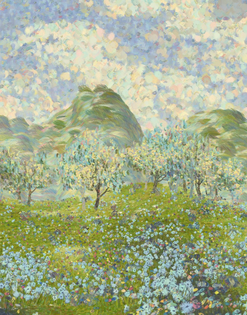 Getting close to the end. I still need a title. 🤔 50% will have the tree in the foreground and the rest will just be the field. This collection will release May 10 on genify.xyz. I hope to see you there! #generativeart #wip