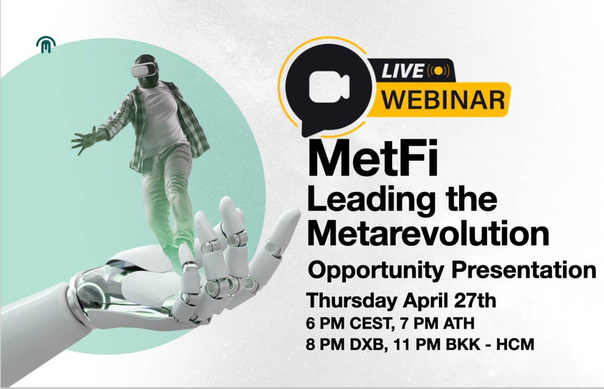 Thedigitalcomm3's tweet photo. 🔥Join us for a #Live #Opportunity Presentation #Tomorrow 

👉 Thursday April 27th 
and learn how #MetFi is becoming a major player in the #web3  and #Metaverse space

send me a DM for info 👈

#NFTs #crypto #invest #DEX #BTC  #ETH #blockchain #DeFi #DAO #MetaMask #certik https://t.co/ORMf7YvxMk