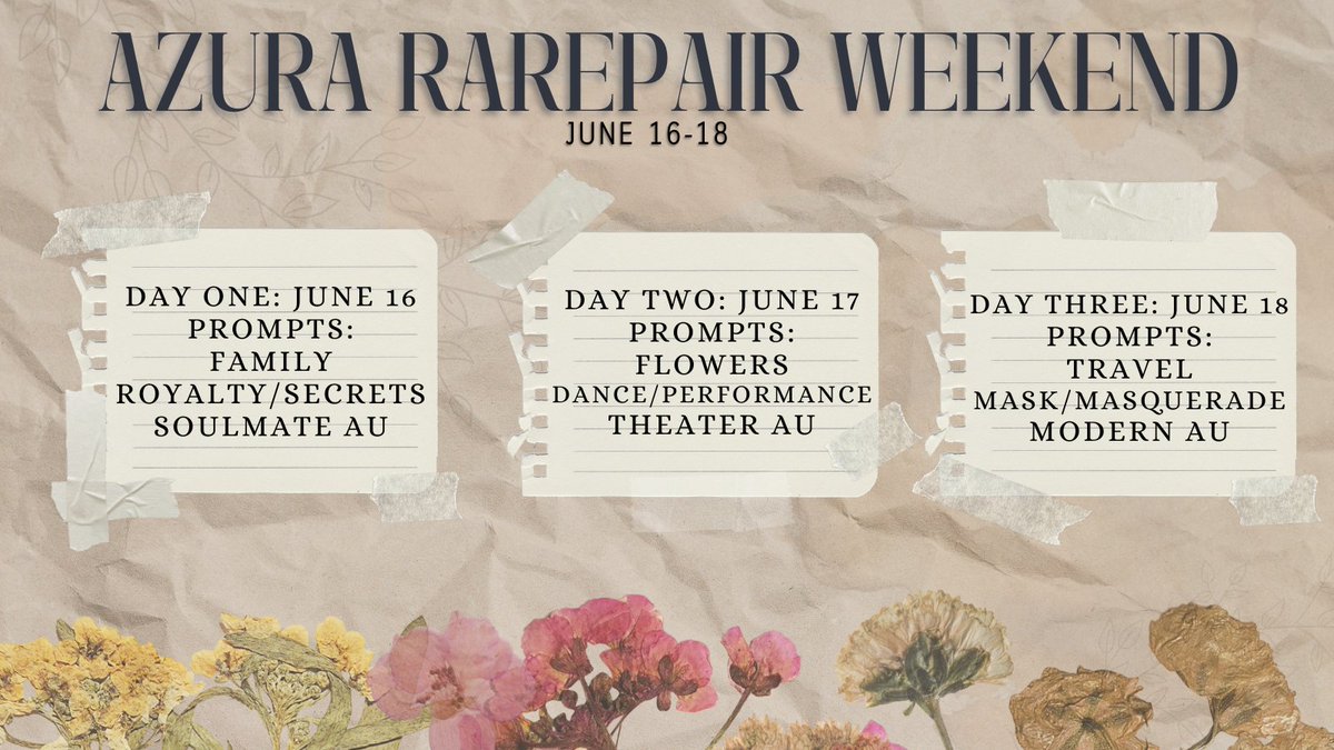 AzuraRarepair's tweet photo. [RTs = 💙]

Azura Rarepair Weekend will be held June 16-18, 2023!

We have a list of prompts for each day, you can choose to take inspiration from one or more, or you can follow your heart! These are meant as suggestions, not hard rules

We look forward to seeing you in June! https://t.co/SefAXQSjN9