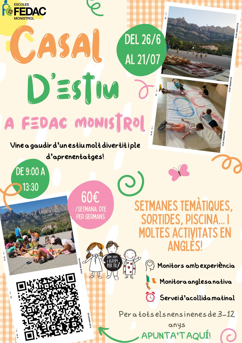 CASAL D’ESTIU 2023 😎☀️
Vine a gaudir d’un estiu divertit i ple d’aprenentatges.
Obert a tothom!

🗓️ Del 26 de juny al 21 de juliol
🕘 De 9 a 13:30h

#casaldestiu #fedacmonistrol #monistroldemontserrat