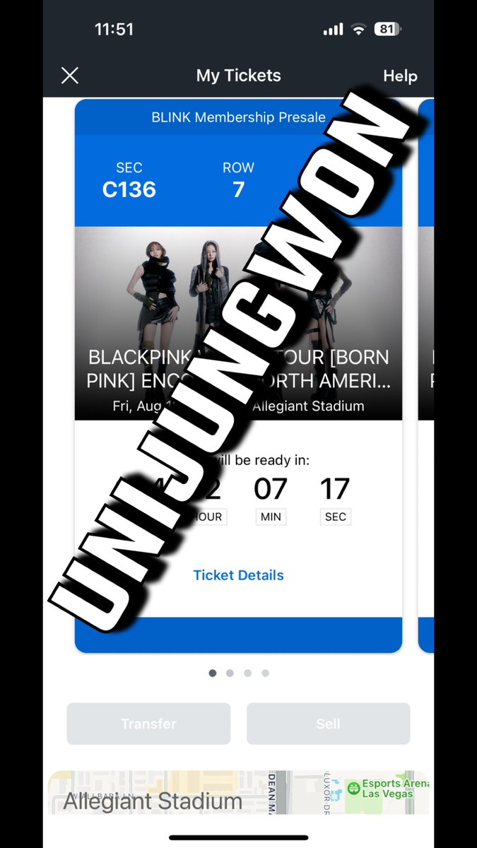 unijungwon's tweet photo. wts / selling 2 blackpink concert tickets, vegas, allegiant stadium, aug 18 

sec C136 row 7
$450 each, willing to negotiate 

dm for more proof and info https://t.co/icKGyAapKi