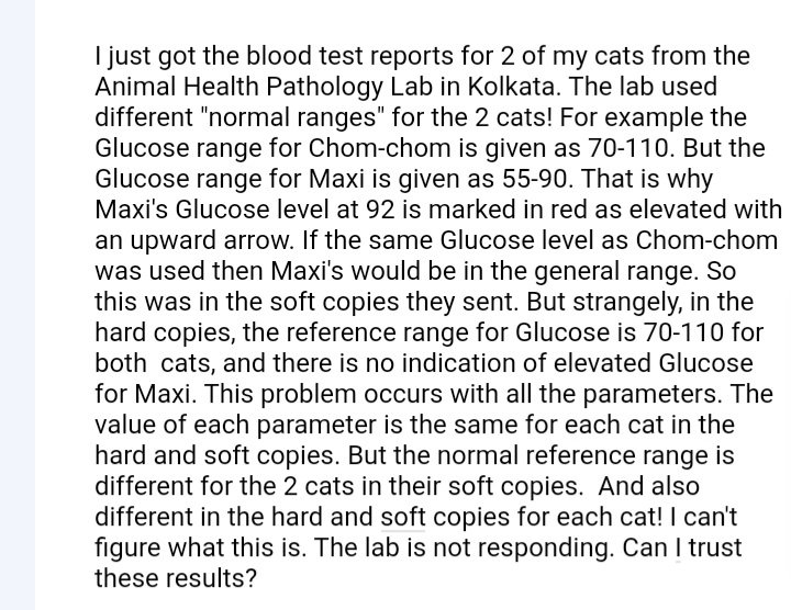 Rita_Banerji's tweet photo. Can anyone help with this? Are these blood test results  from the Animal Health Pathology Lab in Kolkata reliable? #vetinary #cats #bloodtests #DataScience https://t.co/Ob3IrI5KxN