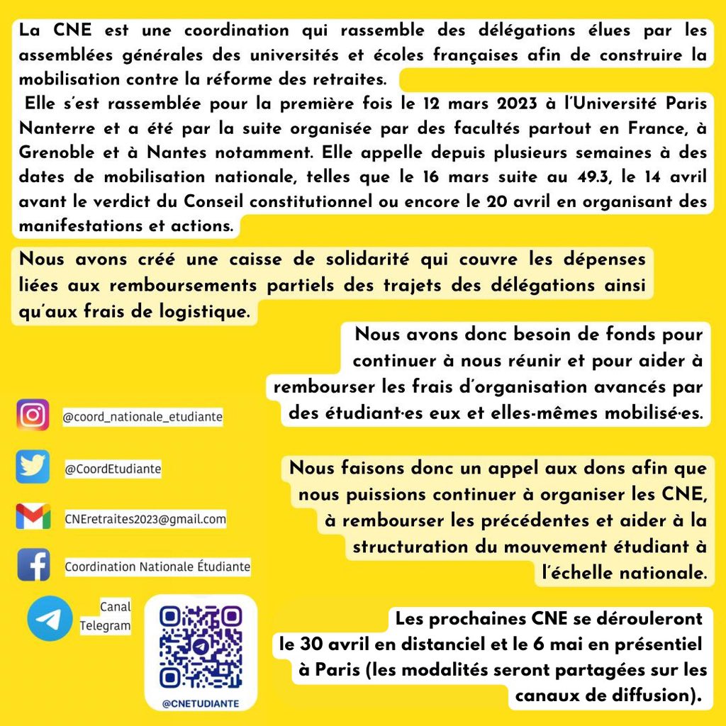 Pour continuer à coordonner et organiser le mouvement étudiant, donnez à la caisse de la CNE !

👉🏽  caisse-solidarite.fr/c/cne/?fbclid=…