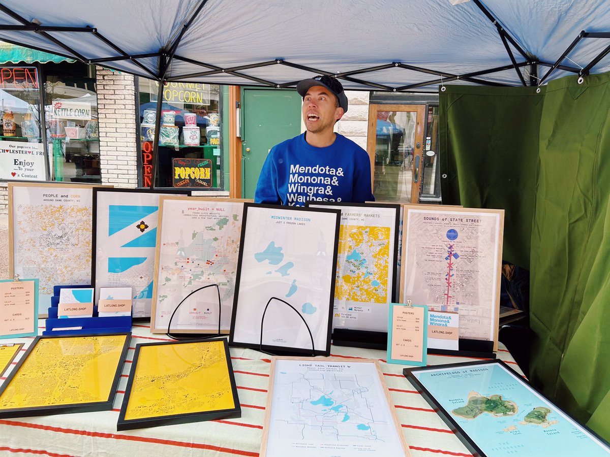 <a href="/pokateo_/">🥔🗺</a> Hi from Madison WI. Last Saturday was my first time selling my map prints in person at the Dane County Farmers Market—it was a blast! Spending tonight printing more for next weekend! #gischat