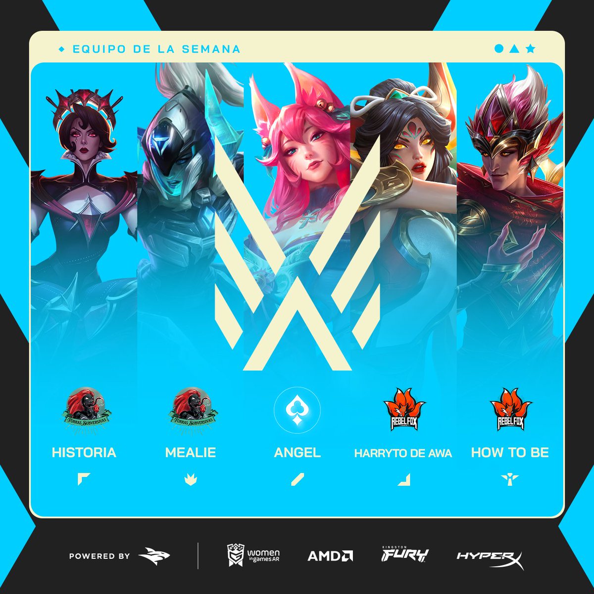 LigaValkyria's tweet photo. ROSTER DE LA SEMANA 🔥

Ellas fueron las mejores jugadoras que nos dejó la jornada 👇🏼

🔝 @Histooow - #FSGaming

🌲 #Mealie - #FSGaming

🧙🏻‍♀️ #Angel - @alices_aces 

🏹 @HarrytoDeAwA - @rebelfoxgaming 

⚕️ #HowToBe - @rebelfoxgaming https://t.co/WlRptvVB17