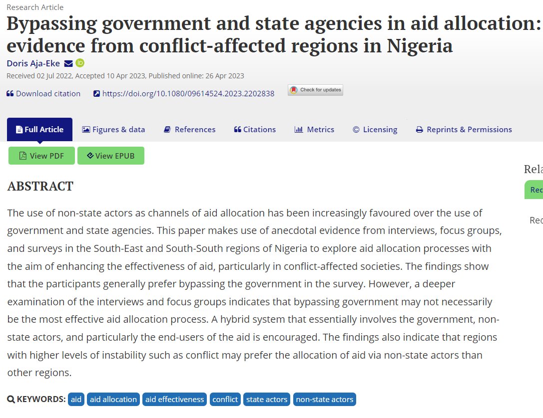 DAja_Eke's tweet photo. My #OpenAcess paper published @DipDsaa shows that bypassing state actors &amp; using non-state actors may not necessarily be the best in #aid allocation. A hybrid system involving state, non-state actors, and particularly the ‘end-users’ of aid is encouraged https://t.co/GhLS3arKIo https://t.co/dysv3IvNbL