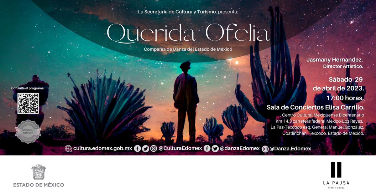 DGES_Edomex's tweet photo. Te invitamos a disfrutar la presentación #QueridaOfelia a cargo de la Compañía de @DanzaEdomex en el marco del #DíaInternacionalDeLaDanza, hoy 26 de abril a las 19:00 horas en el #TeatroMorelos de #Toluca y el 29 de abril en el @ccmbcultura en #Texcoco.
@CulturaEdomex https://t.co/1JpbU3BAna