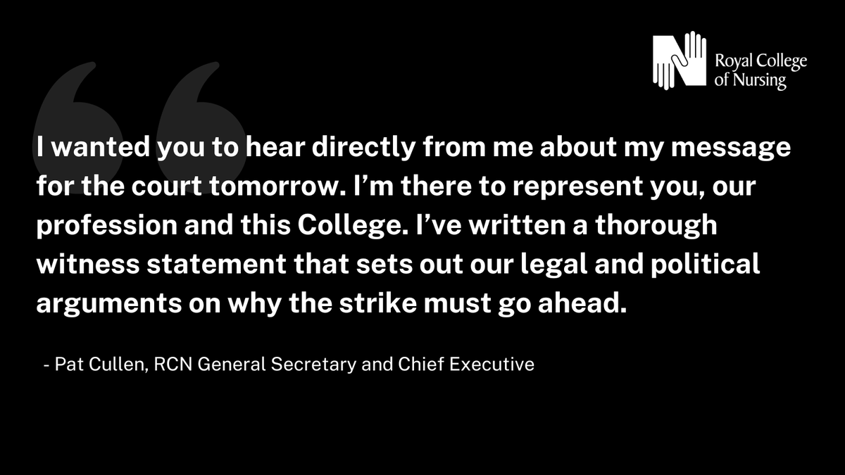 theRCN's tweet photo. Ahead of tomorrow's High Court action launched by the UK government related to our upcoming strike action, read @patcullen9's witness statement in full.

Read more.
https://t.co/bG6P4P0a4Q
#RCNStrike https://t.co/79kBaMz5WI