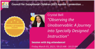 VCU_EDLP's tweet photo. Ed.D. student Crystal Bell gave a talk at the Council for Exceptional Children 2023 Annual Convention &amp; Expo on Observing the Unobservable: A Journey into Specially Designed Instruction to Over 280 people registered!

Congrats Crystal! 😁🎉 https://t.co/UawCJbhnct