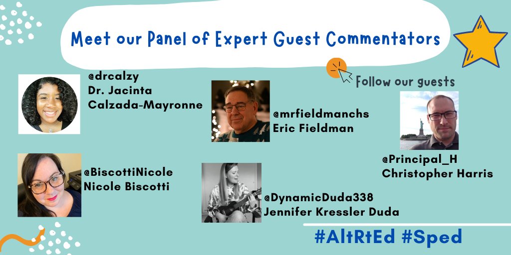 RutgersAltRoute's tweet photo. Before we start with Question 1, meet our panel of guest commentators! They'll be tweeting along &amp; sharing their expertise #AltRtEd #SpEd 
@BiscottiNicole  
@drcalzy 
@DynamicDuda338  
@mrfieldmanchs  
@principal_H 

Alternate Route Ts be sure to SIGN IN - https://t.co/MzfHWLBGDT https://t.co/aoVnYEdnbI
