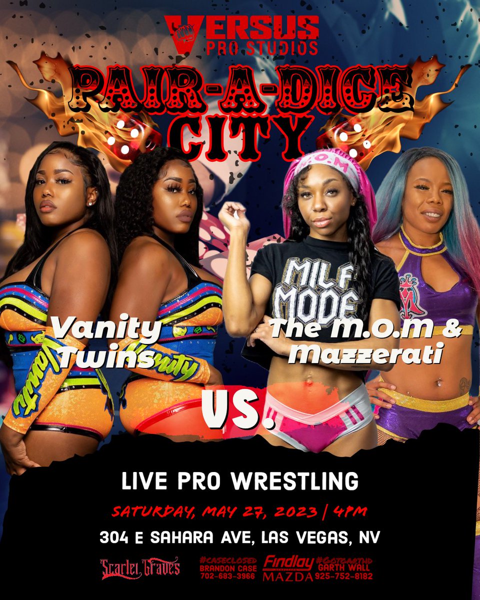 Announcing a tag team match like no other, as the sensational Vanity Twins make their Versus Pro wrestling debut against the duo of The M.O.M & Mazzerati. 💪🤼‍♀️ 

This match will definitely be an electrifying battle that will leave you on the edge of your seats!