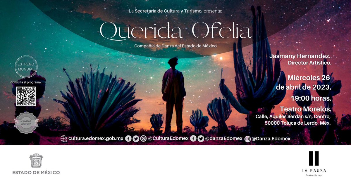 DGES_Edomex's tweet photo. Te invitamos a disfrutar la presentación #QueridaOfelia a cargo de la Compañía de @DanzaEdomex en el marco del #DíaInternacionalDeLaDanza, hoy 26 de abril a las 19:00 horas en el #TeatroMorelos de #Toluca y el 29 de abril en el @ccmbcultura en #Texcoco.
@CulturaEdomex https://t.co/1JpbU3BAna