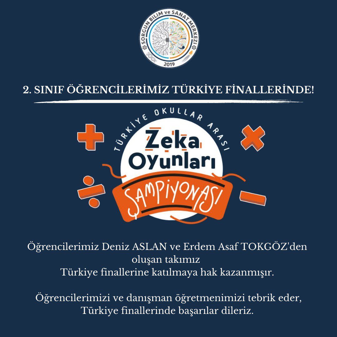 sorgunbilsem's tweet photo. Türkiye Okullar Arası Zeka Oyunları Şampiyonası’nda 2. Sınıf takımımızla Türkiye finallerine katılmaya hak kazandık. 
Öğrencilerimizi ve danışman öğretmenimizi tebrik eder, Türkiye finallerinde başarılar dileriz    

@BilsemMeb @YozgatValiligi @ziyapolat73 https://t.co/zYaNDQChuL