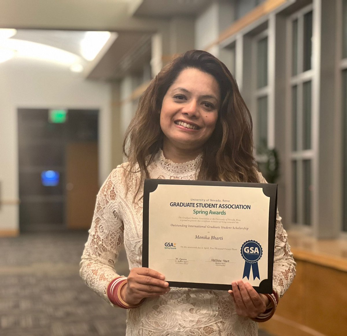UNRCoEHD's tweet photo. Congratulations to graduate student Monika Bharti, who placed 3rd at the Northern Nevada Diversity Summit (NNDS) Speech Competition!
She also was recently awarded the GSA Outstanding International Student Scholarship!
#UNRCoEHD #NNDS #GSA #PackPride #PHDLiteraryStudies https://t.co/BiOEmoOJ59