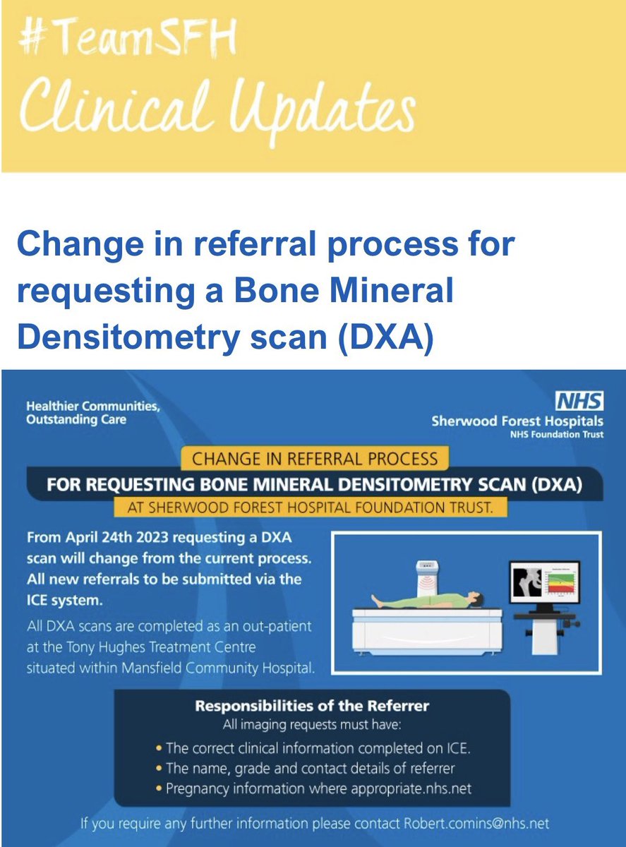 Really proud of the team work that’s gone into the project of changing the referral process at <a href="/SFHFT/">Sherwood Forest Hospitals NHS FT</a> for our patients to receive a DXA scan. Referrals are now via ICE. Modern,easier,quicker and efficient way to refer.@DavidAinsNHS <a href="/TeamEDSFH/">Team ED @SFHFT</a> <a href="/SFH_CSTO/">SFH_CSTO</a> <a href="/SFH_ChiefAHP/">Chief AHP for SFH</a> @JenP_NHS