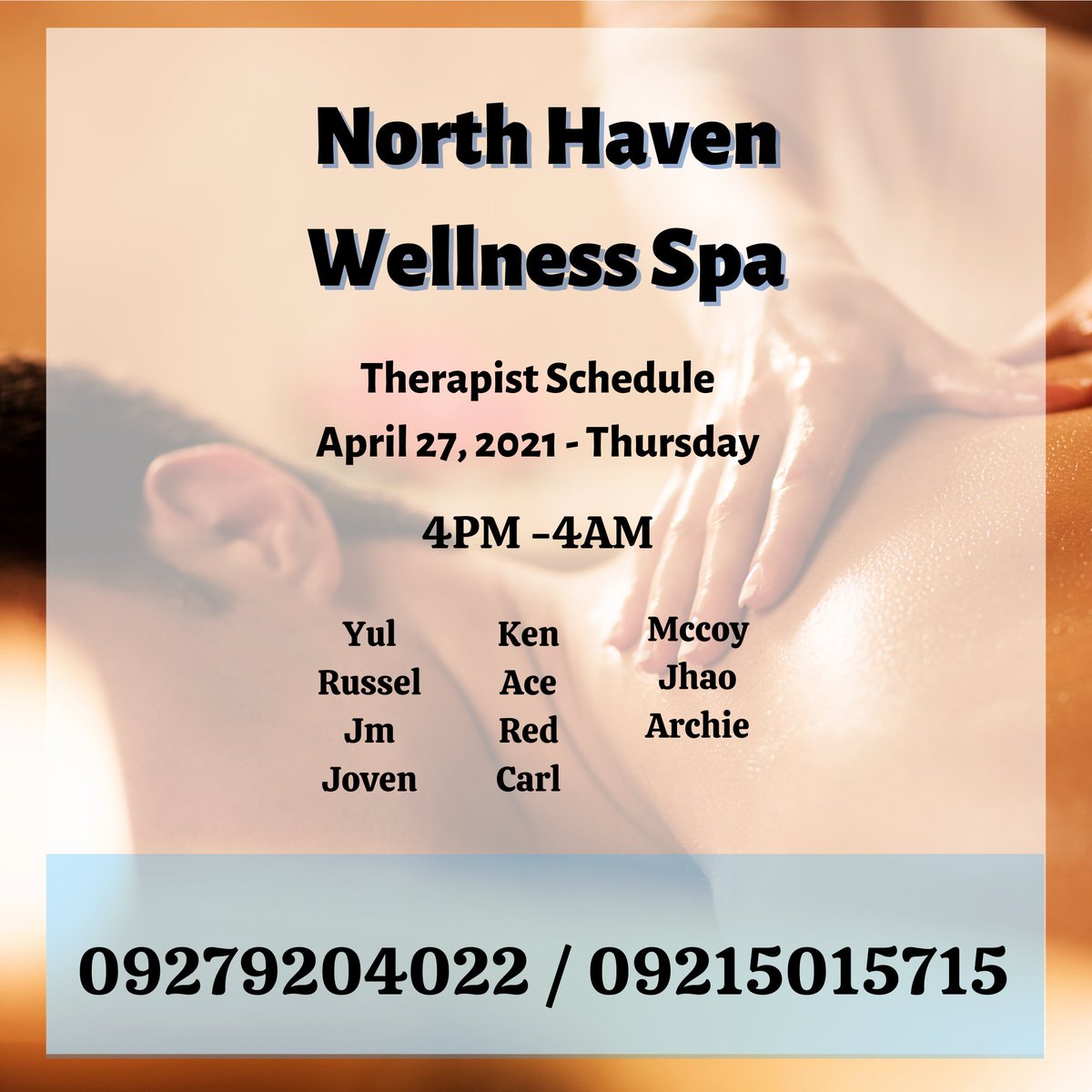 HorizonSpaBoni's tweet photo. Therapist Schedule for Thursday - April 27,  2023.
             
To Book:                  
https://t.co/zptjVXp30Y #InfinitySpa 

 #hopemed #Amistad #masahistangpinoy #masseur #AlphaMassage #VerdeRoyaleSpa #urbanrefugespa https://t.co/g9xIJrqNdA