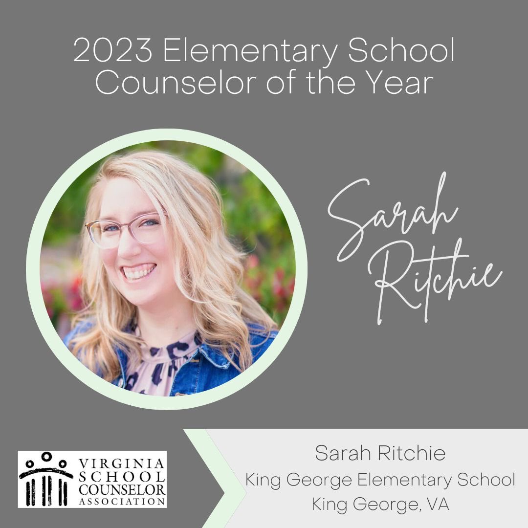 VSCA's tweet photo. Congratulations, to our 2023 Elementary School Counselor of the Year, Ms. Sarah Ritchie! She is a school counselor at King George Elementary School in King George, VA #vaisforschoolcounselors #vscainaction https://t.co/qKjsNYaTeb