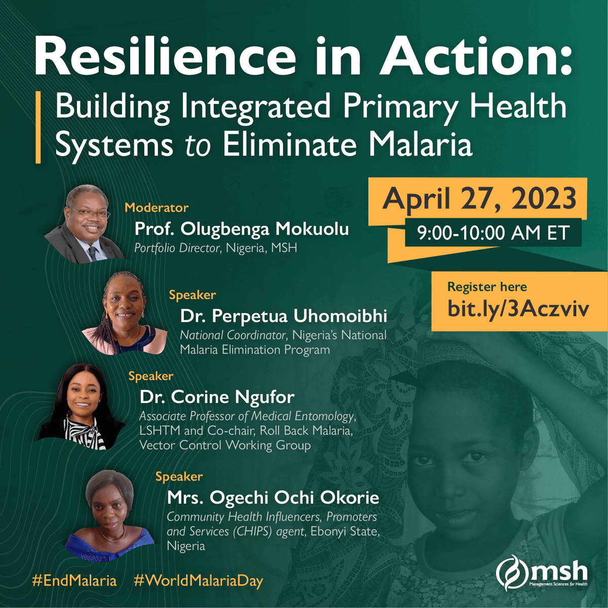 JOIN US TOMORROW April 27 from 9-10AM ET | 15:00-16:00 CET for a panel discussion on the investments, approaches, and innovations that build resilient #primaryhealthcare systems that will get us closer to #zeromalaria. Register today! msh.org/events/resilie… #MSHFightsMalaria