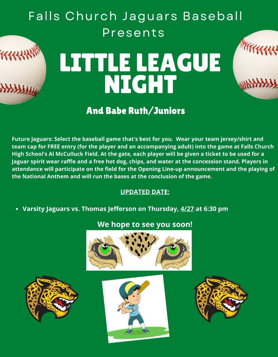FCHS_Boosters's tweet photo. UPDATE: This week's Little League Night and Babe Ruth/Juniors Night has been moved to Thursday 4/27 due to the rain Friday.  Please help spread the word, we hope to see lots of future Jags baseball players on Thursday! https://t.co/Menfc6rjGb