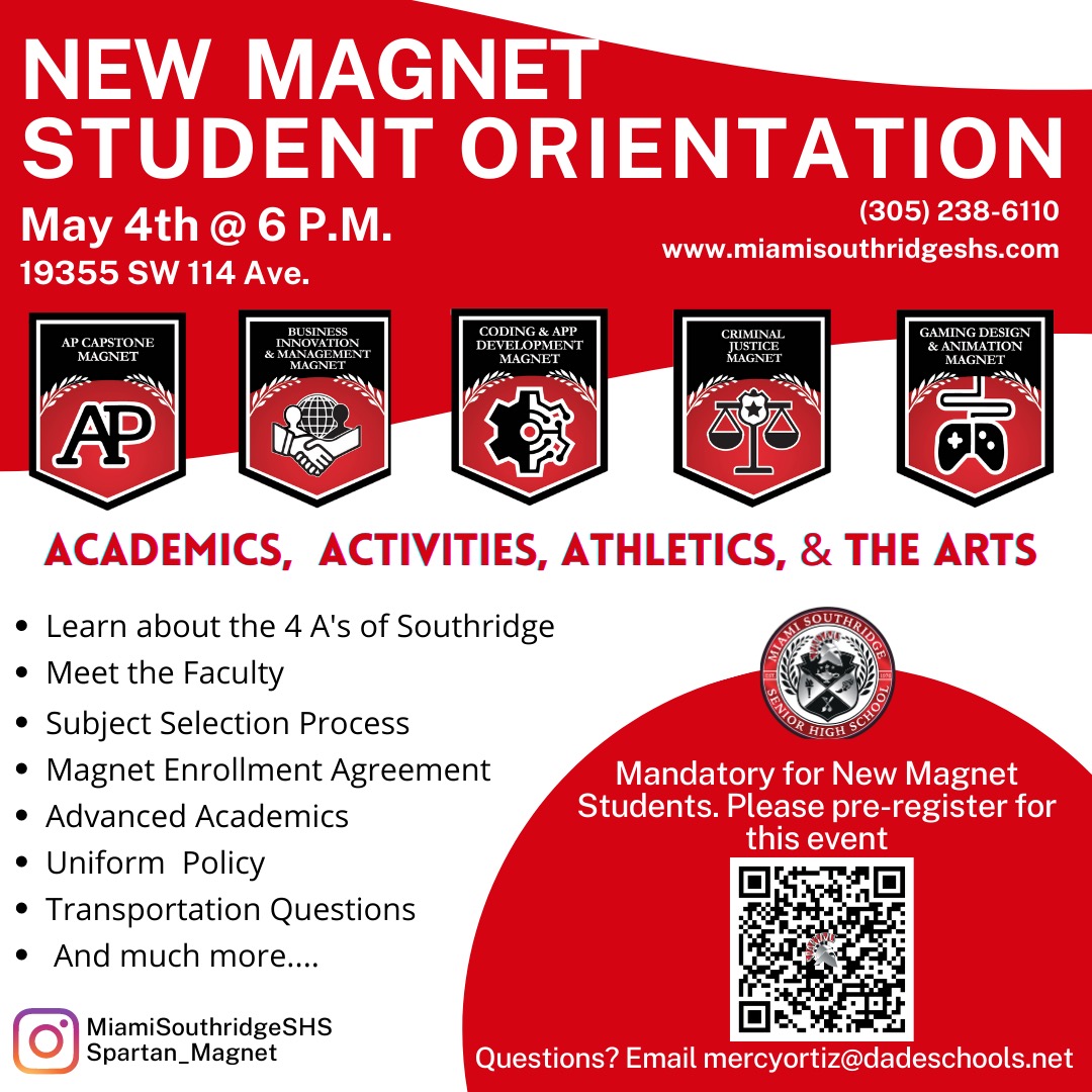 Southridge_SHS's tweet photo. Attention new magnet students: Come to learn all about Southridge and the 4 A’s - Academics, Activities, Athletics, and the Arts! Make sure to register to attend the New Magnet Student Orientation on May 4th at 6 PM. @MDCPS #magnetschoolofexcellence @CutlerBayMiddle @SuptDotres https://t.co/3SmOw84L04
