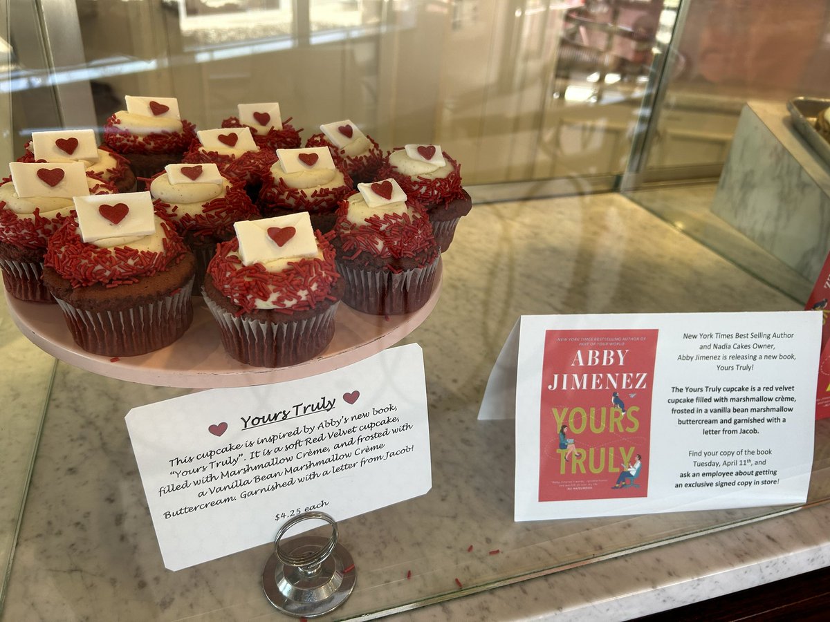 Just finished interviewing <a href="/AuthorAbbyJim/">Author Abby Jimenez</a> about her new book, “Yours Truly,” which debuted as the No. 4 book on The NY Times bestseller list. Meanwhile, <a href="/nadiacakes/">Nadia Cakes</a> (which Abby owns) is selling a special red velvet cupcake through Sunday that’s a direct tie-in with the book.