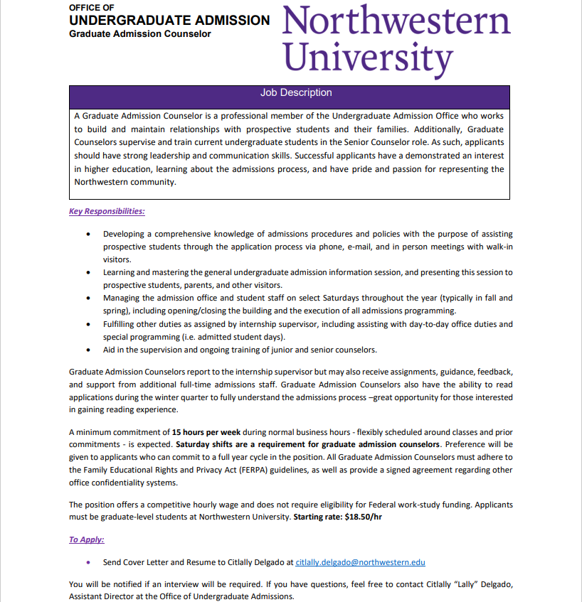 Job opportunity <a href="/NorthwesternU/">Northwestern</a> 
Please see below for the job description. The position is open to NU graduate students and graduate students who attend Chicagoland area colleges/universities. The deadline to apply has been extended to Friday, June 2nd, 2023, at 11:59 pm CST.